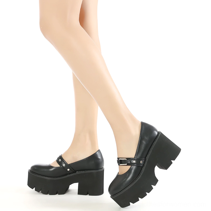 Black platform Mary Jane gothic shoes comfort and fit demonstration with adjustable buckle strap fastened