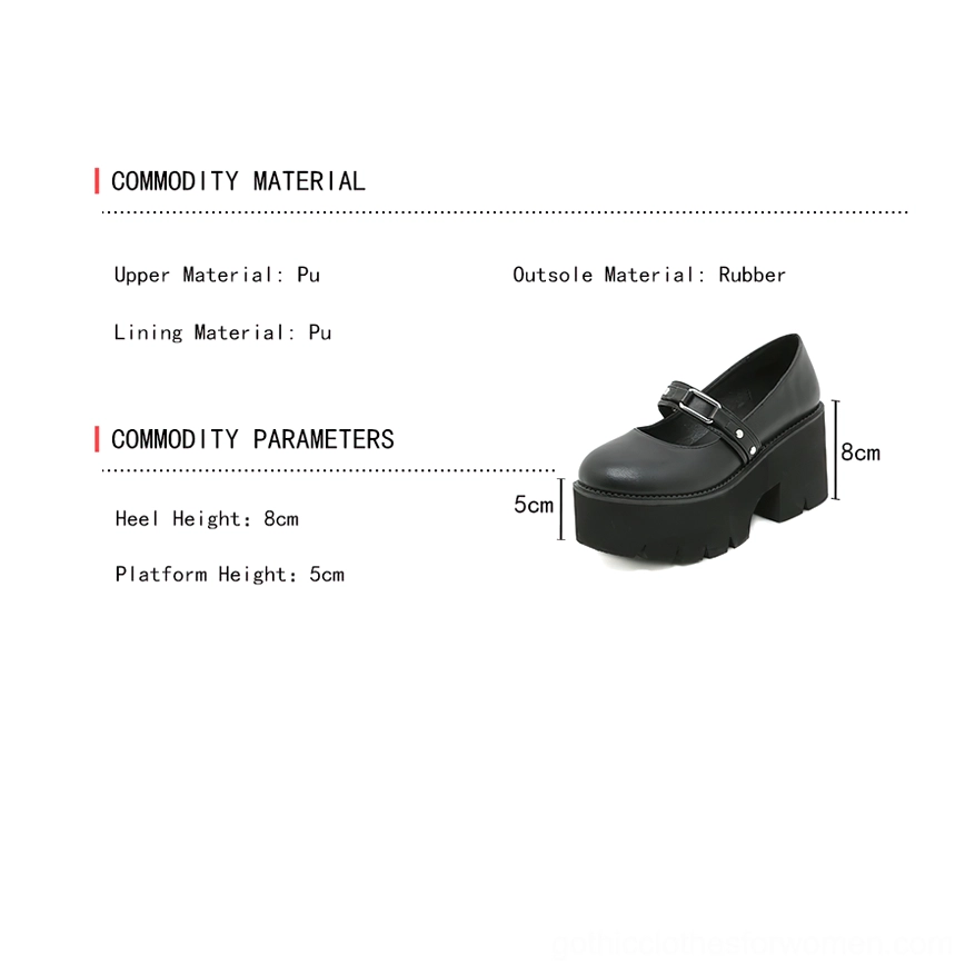 Product specification sheet showing heel height 8cm, platform 5cm, PU leather upper, rubber outsole construction