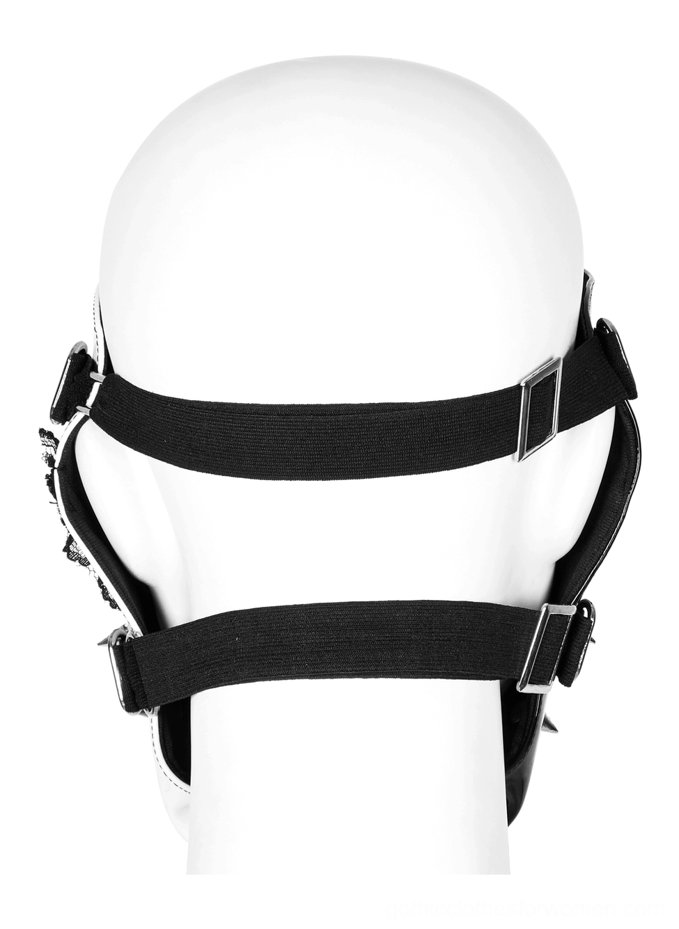 Gothic mask back adjustable strap set on mannequin head, dual elastic straps with metal quick-release buckles