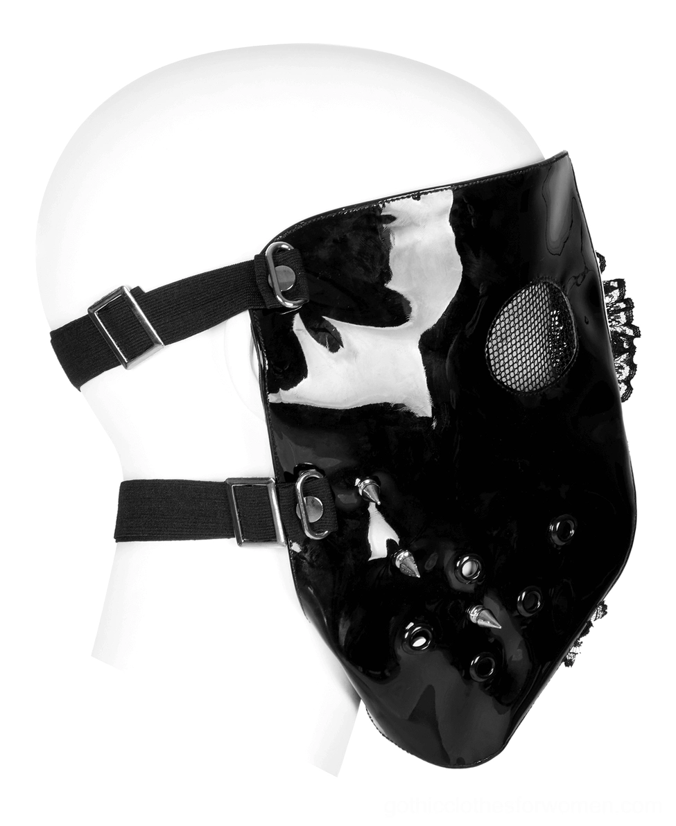 Black half of gothic patent leather mask side view on mannequin, glossy finish mesh eye vent spike rivet details