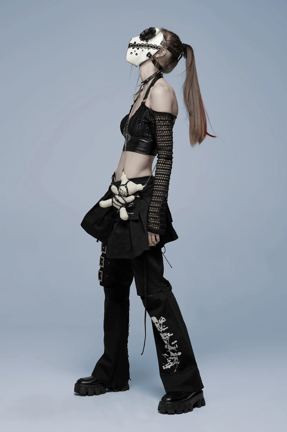 Complete black and white gothic lace mask styling with alternative fashion aesthetic, all-angles overview