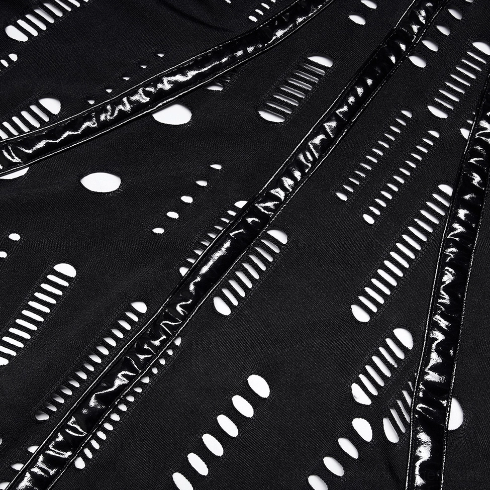 Detailed angled close-up of black gothic mask collar displaying linear cutout patterns and glossy trim lines