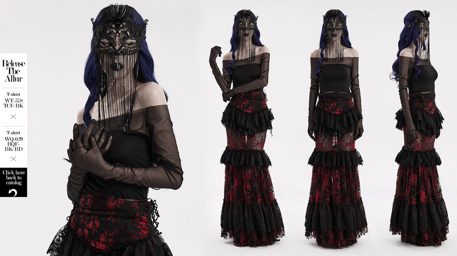 Gothic models wearing black lace masquerade mask with dark formal outfit and dramatic styling