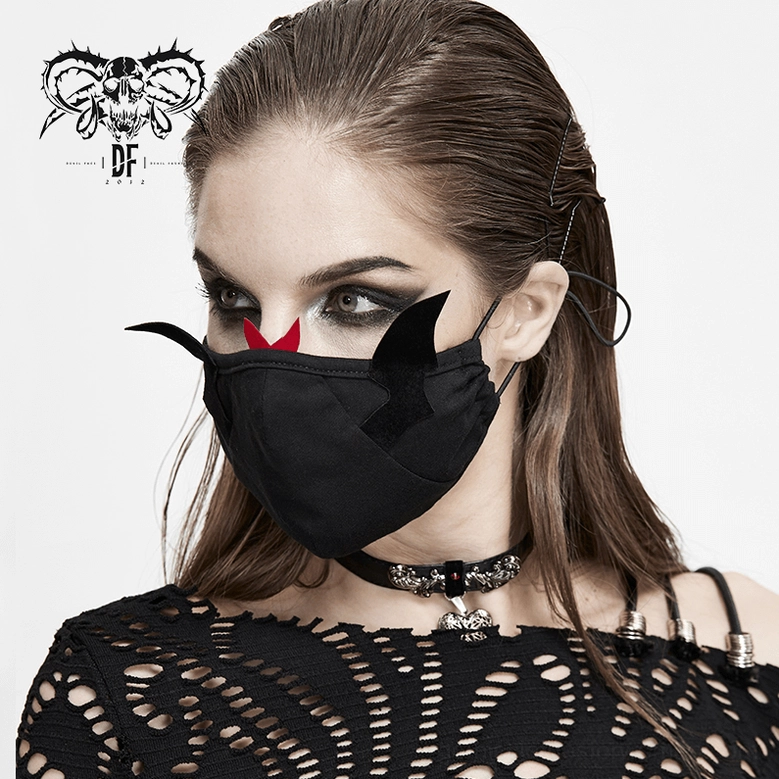Flat lay of black cotton gothic face mask showing full design with wing and horn embellishments