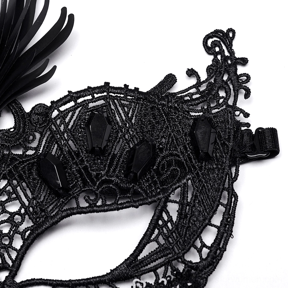 Side close-up of gothic lace mask body showing adjustable strap and dark web-style lace texture with gems