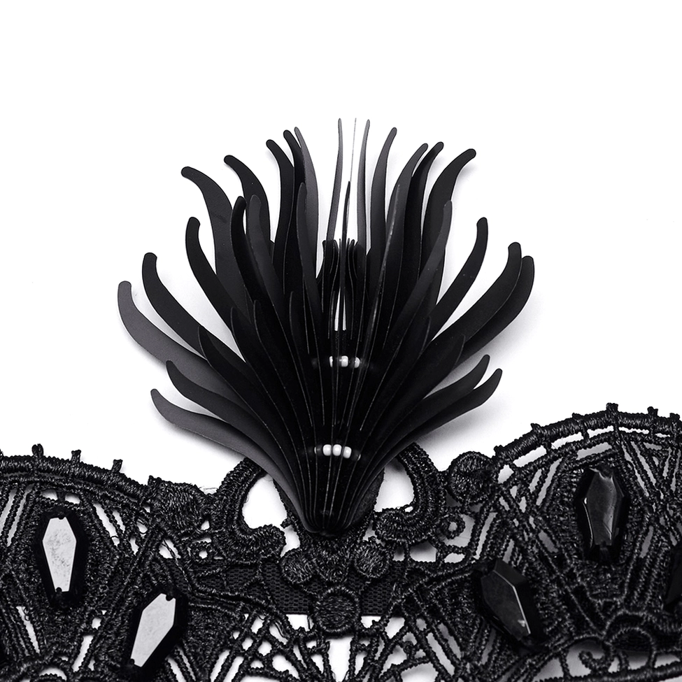 Close-up detail of gothic mask upper section showing intricate lace floral pattern and black gem embellishments