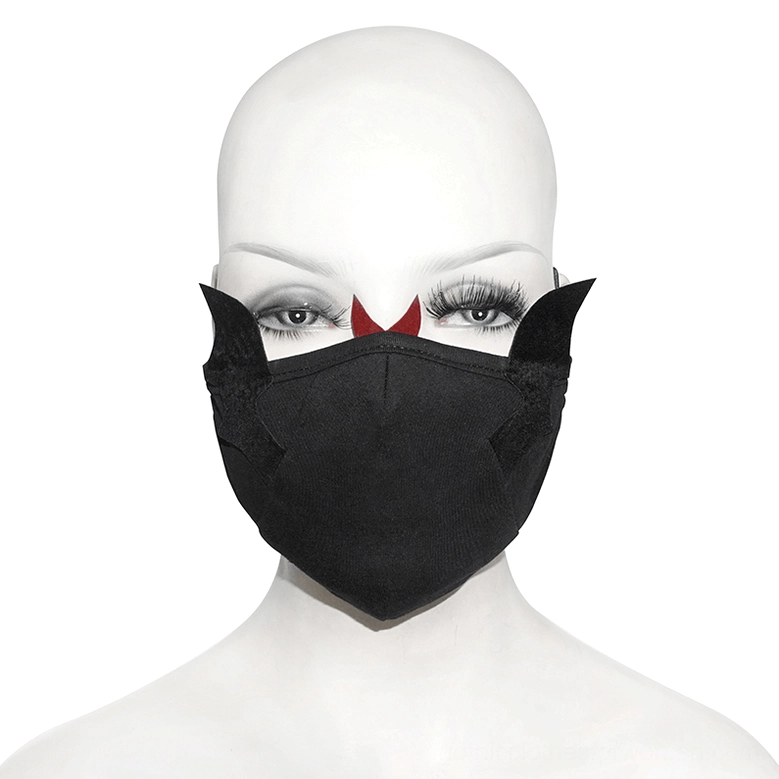 Black demon face mask displayed on white mannequin head, showing fitted construction and wing design