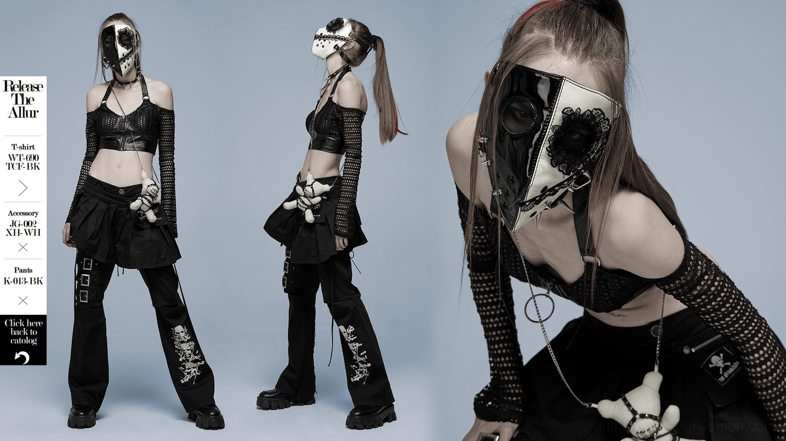 Gothic two-tone patent leather mask care and material showcase, lace detail and hardware durability