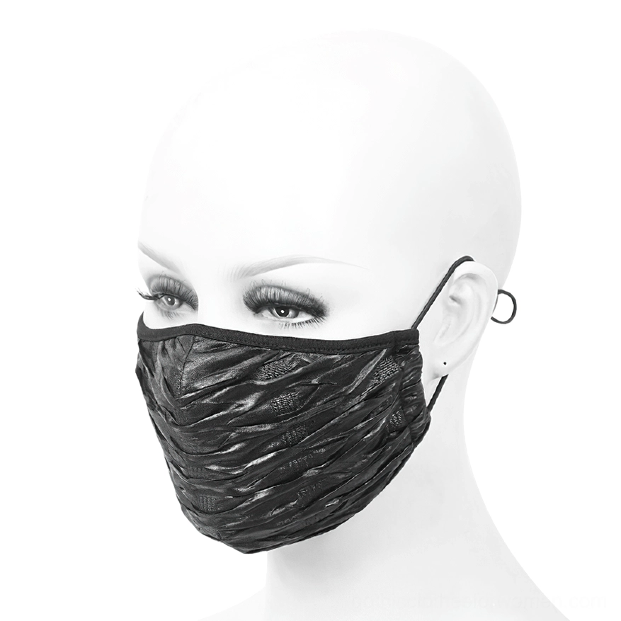 Right side close-up of gothic black mask showing faux leather wrinkled texture and adjustable cord stopper detail