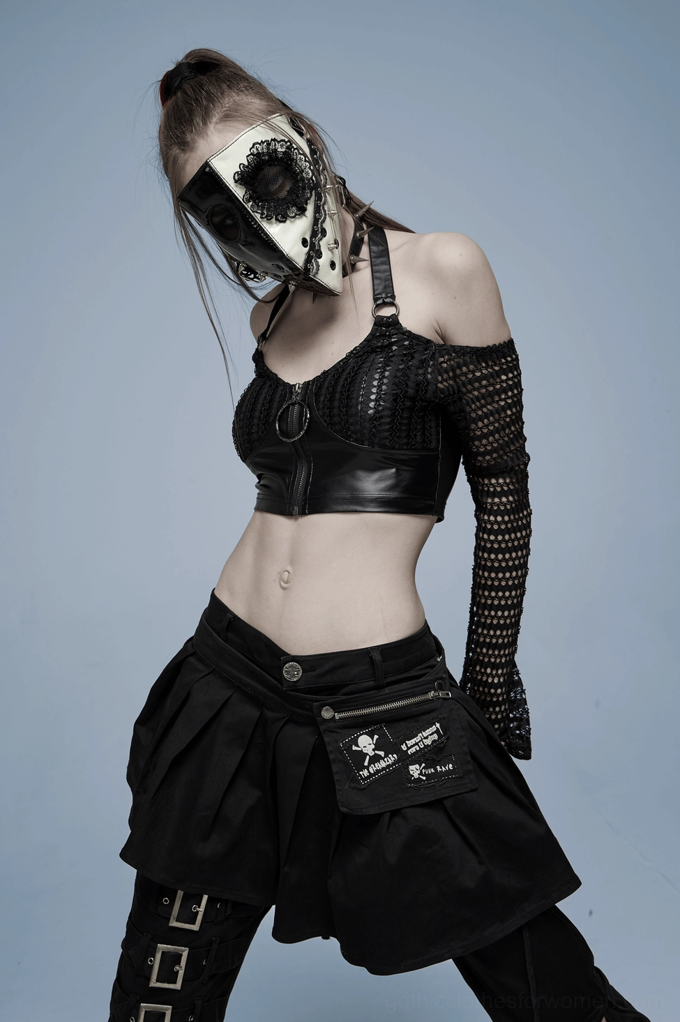 Gothic mask adjustment strap fit tutorial on mannequin, elastic strap positioning black-white patent leather