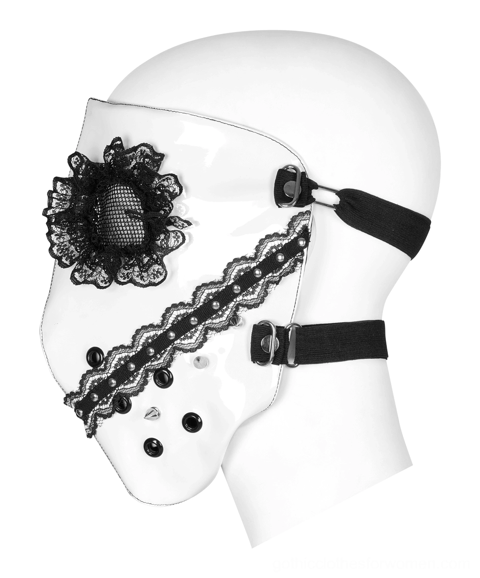 White half of gothic patent leather mask right side view, glossy finish lace flower trim metal studs quick-release buckles