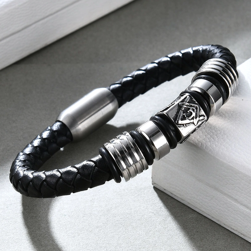Gothic Masonic leather bracelet side perspective showing stainless steel magnetic clasp and Masonic emblem