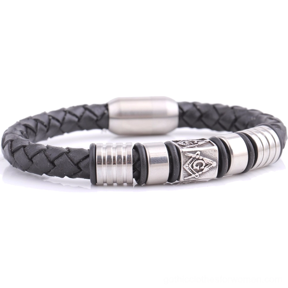 Dual embossed Masonic emblem gothic bracelet top view with magnetic steel buckle fastening