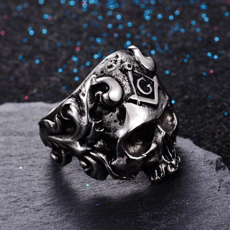 Gothic Masonic skull ring front facing view displaying bold square and compass logo with dark romantic stainless steel design