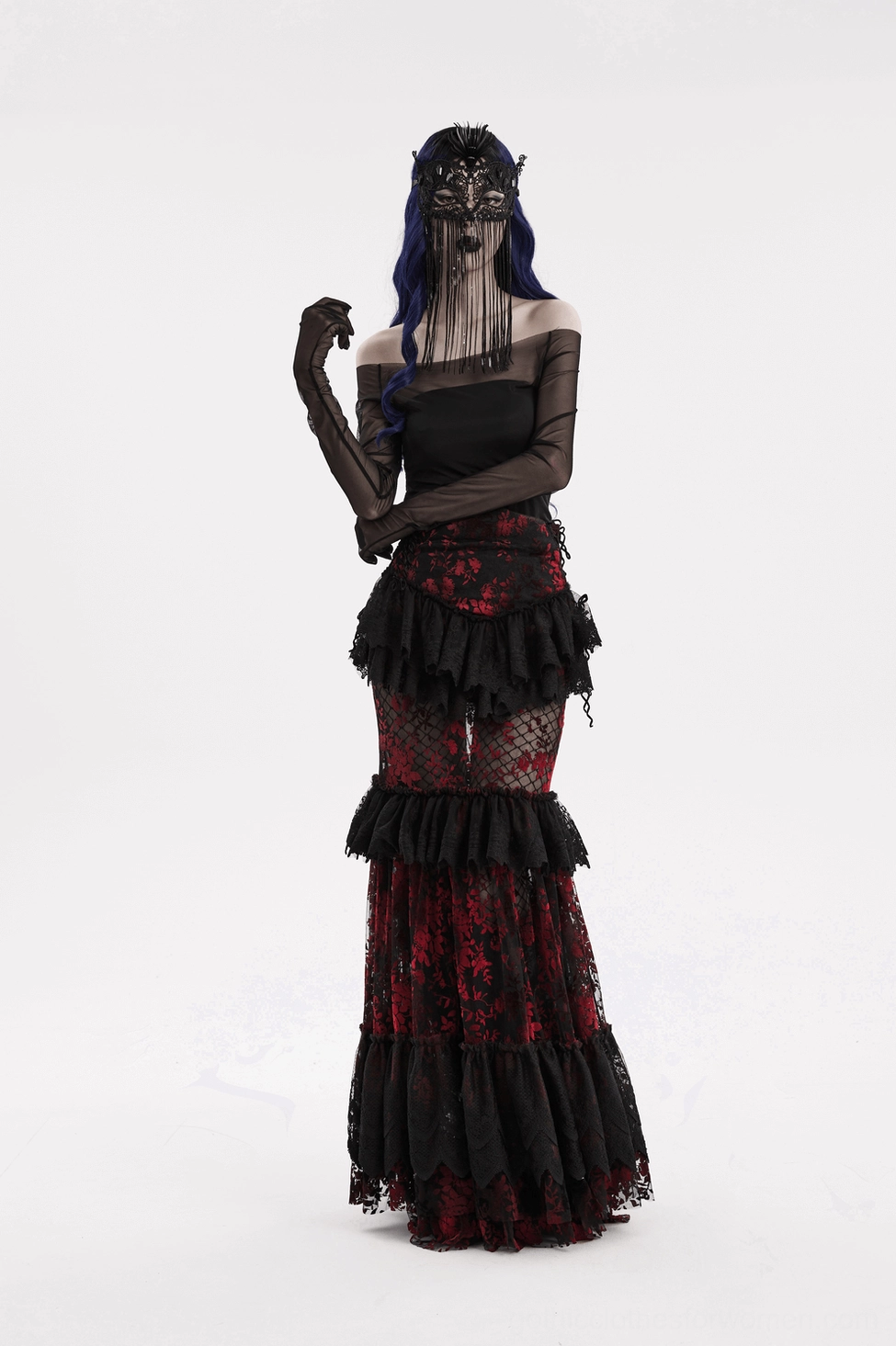 Full body front view of female model wearing black gothic lace masquerade mask with off-shoulder gothic outfit
