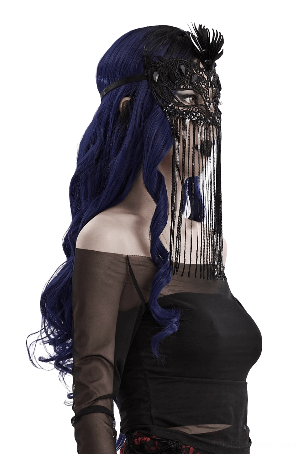 Side profile of black lace gothic mask showing long cascading sequin fringe tassels and feather detail