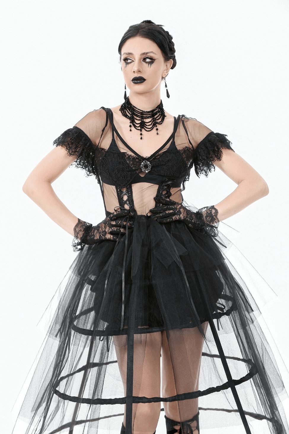 Black gothic lace tulle dress alternative angle highlighting tiered skirt volume and structured bodice