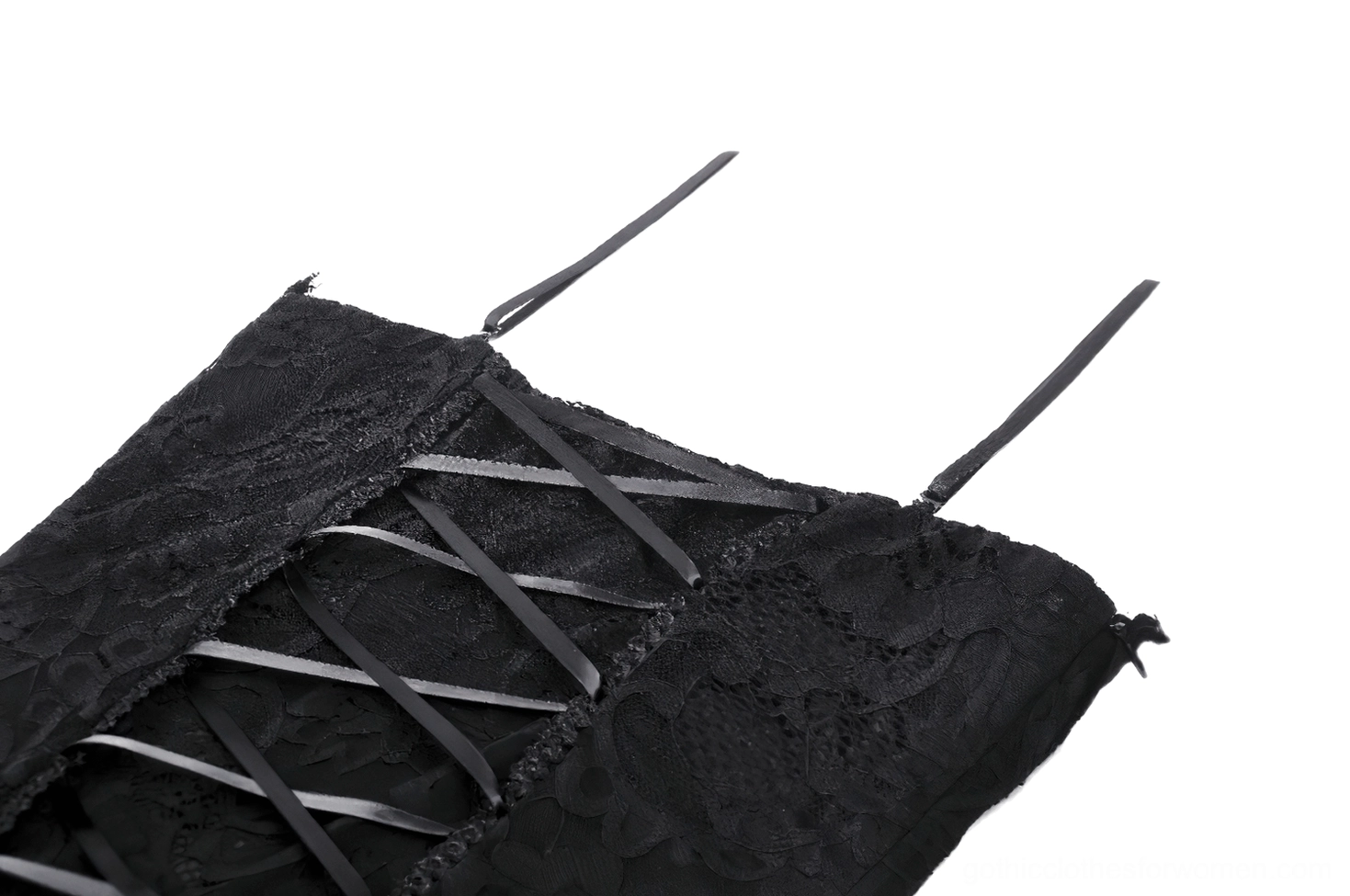 Close-up detail of black lace gothic maxi dress ribbon lace-up back closure with matte finish