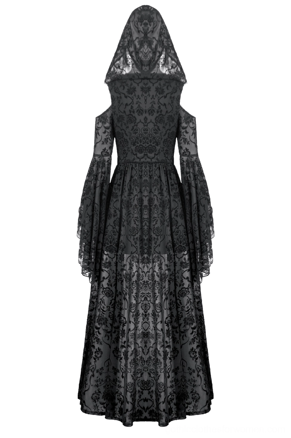 Back view of black lace gothic maxi dress on mannequin with structured waist and sheer layered lace skirt