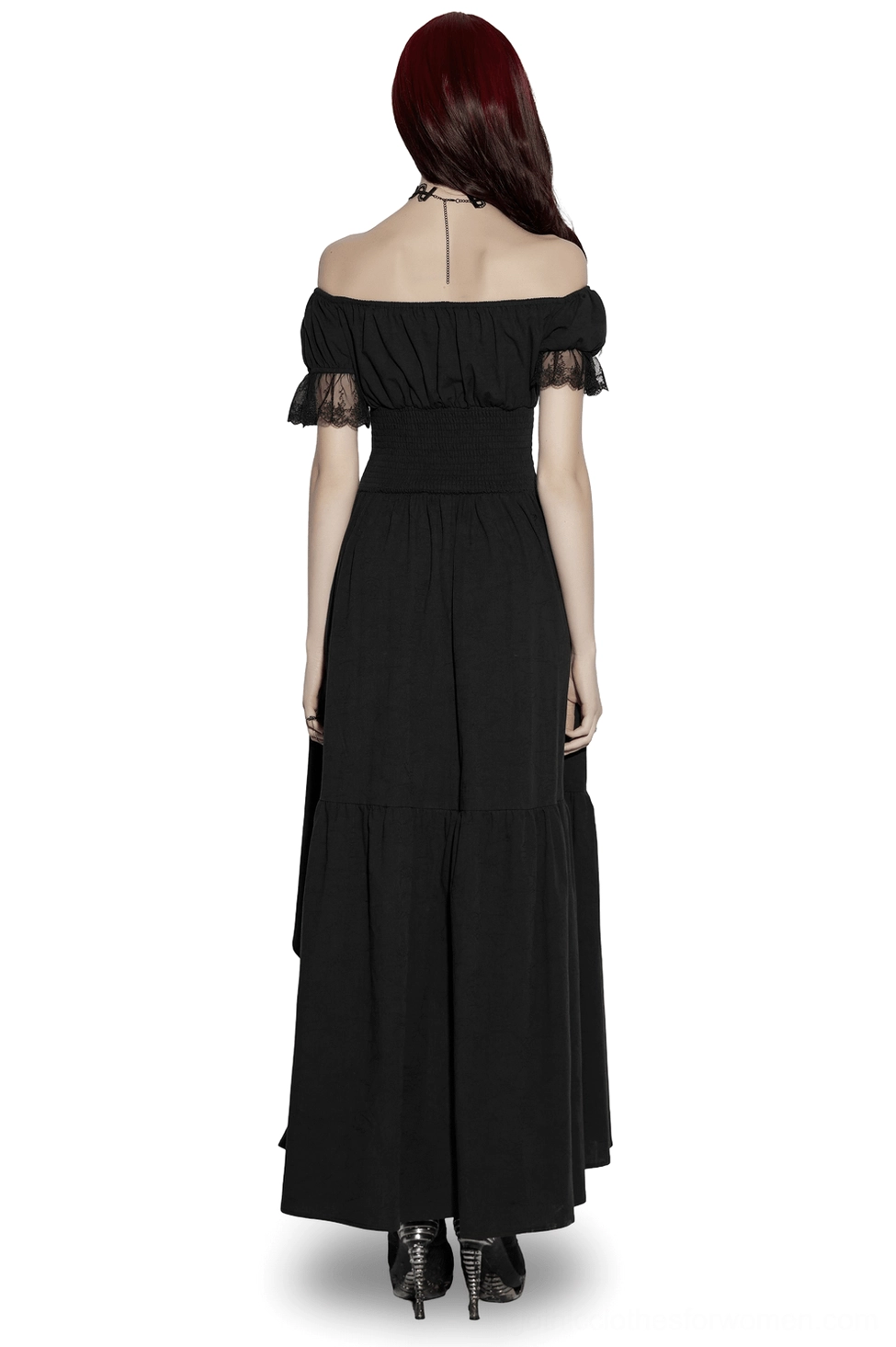 Gothic off-shoulder high-low maxi dress back view showing tiered skirt and exposed back on model