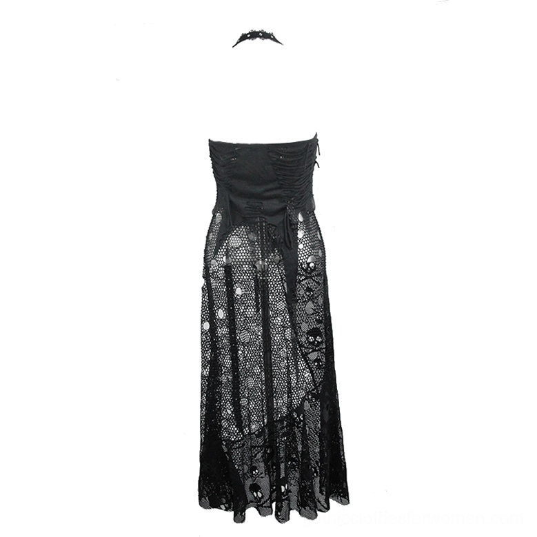 Black gothic maxi dress back view, ruched bodice and skull fishnet skirt detail