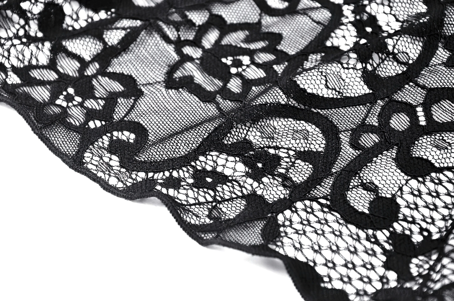 Black lace gothic maxi dress spaghetti strap and bodice detail showing fitted construction