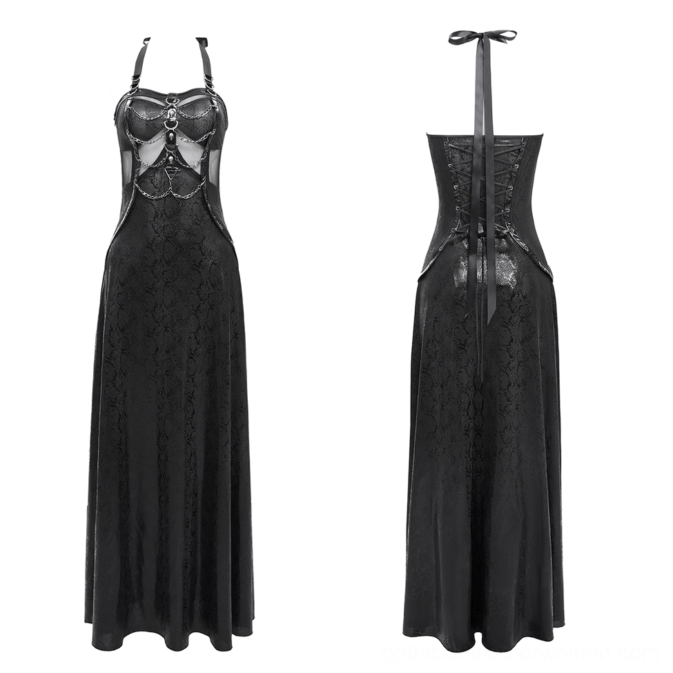 Black gothic maxi dress with chain decorations and lace-up corset design, front and back flat lay product shots