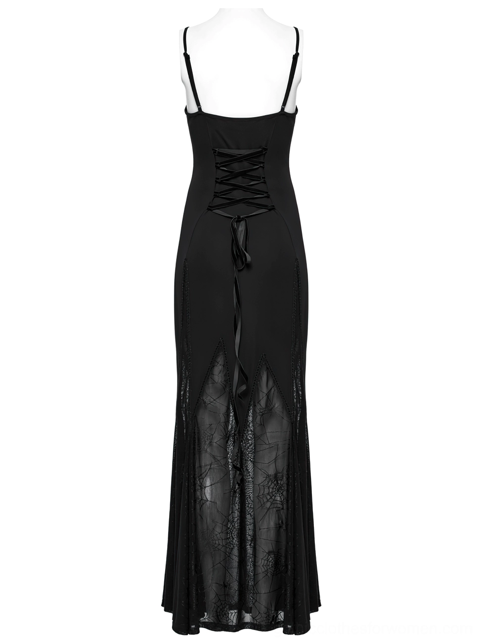 Black gothic maxi dress back view on mannequin with corset-style lace-up back and spiderweb printed sheer hem panels