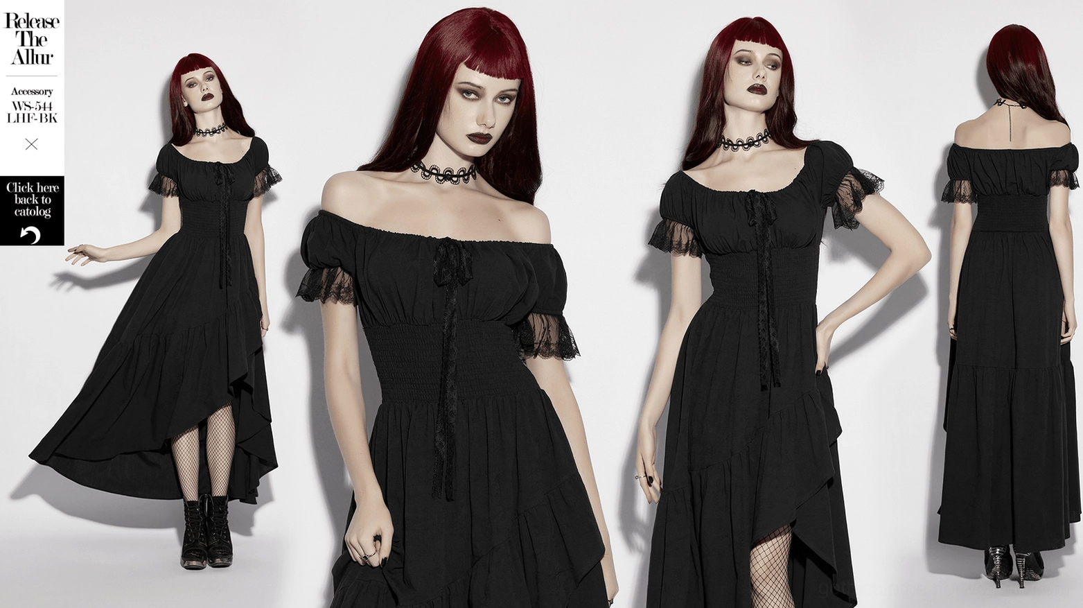 Black cotton jacquard gothic maxi dress showing overall silhouette and high-low hem design