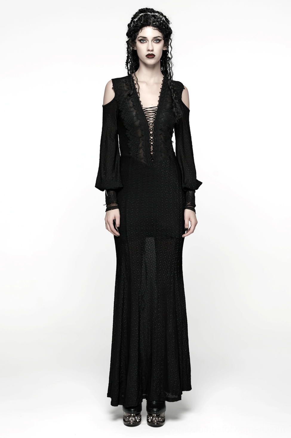 Black gothic cold shoulder lace corset maxi dress - fabric composition and material detail