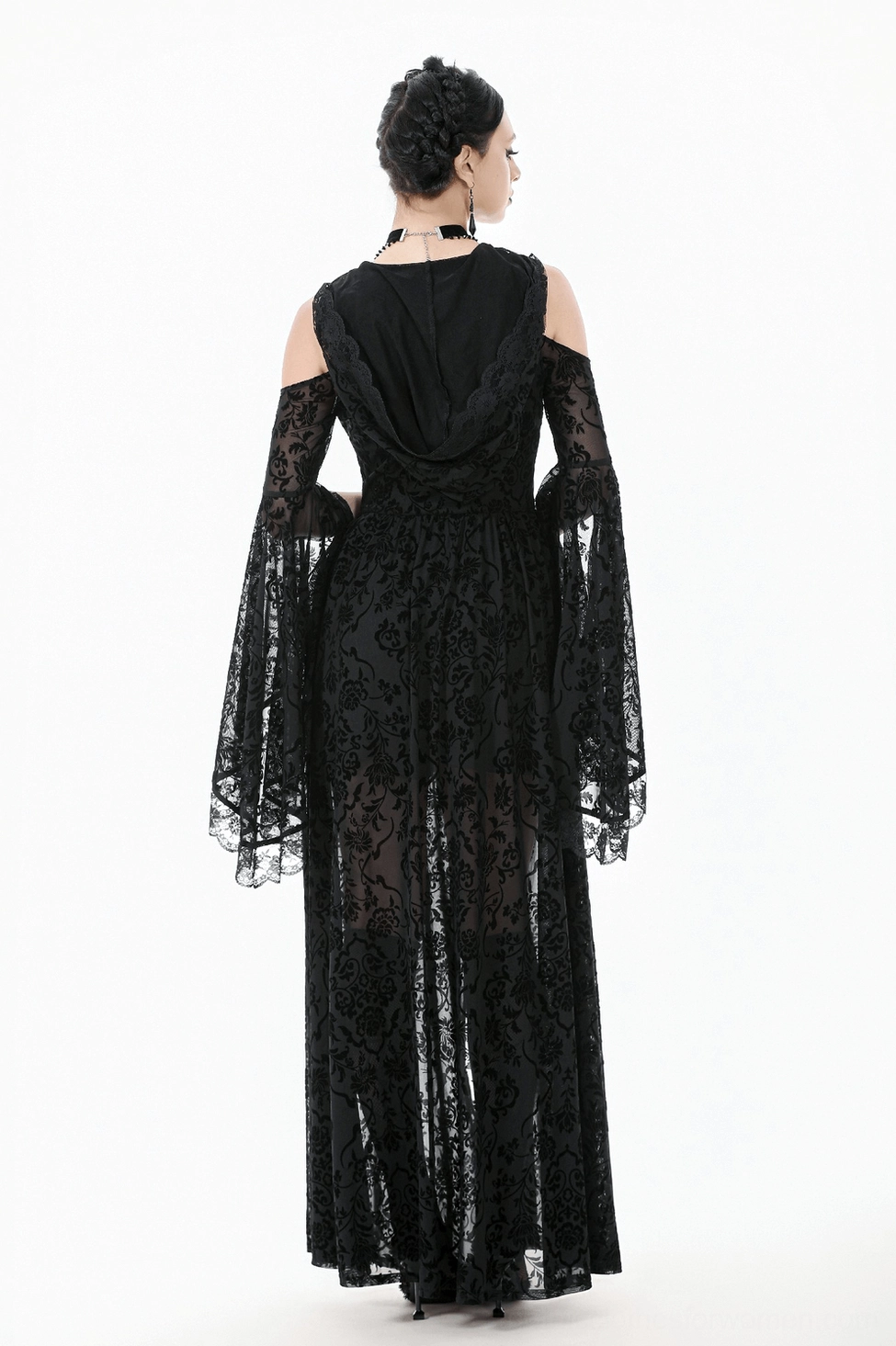 Black gothic lace maxi dress sleeve detail showing flared bell sleeve and sheer lace design