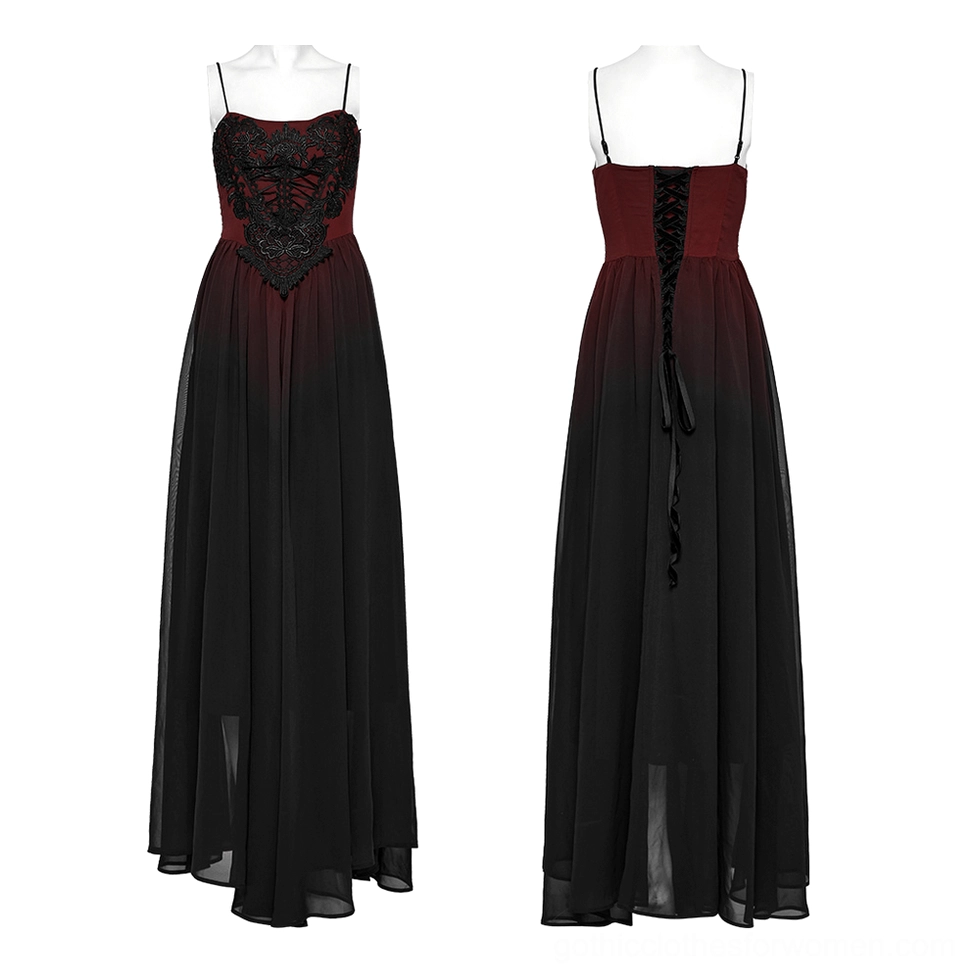 Front full body dress form display of gothic maxi with skeleton floral lace bodice