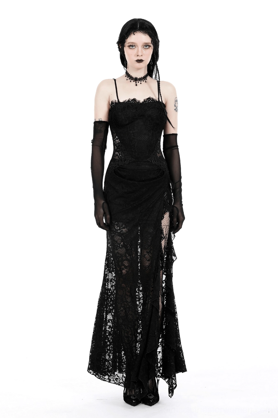 Black lace gothic maxi dress full length side profile showing dramatic silhouette and proportions