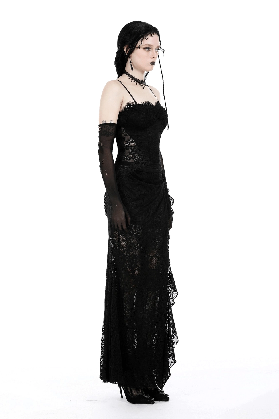 Black lace gothic maxi dress showing intricate lace pattern overlay on nude lining