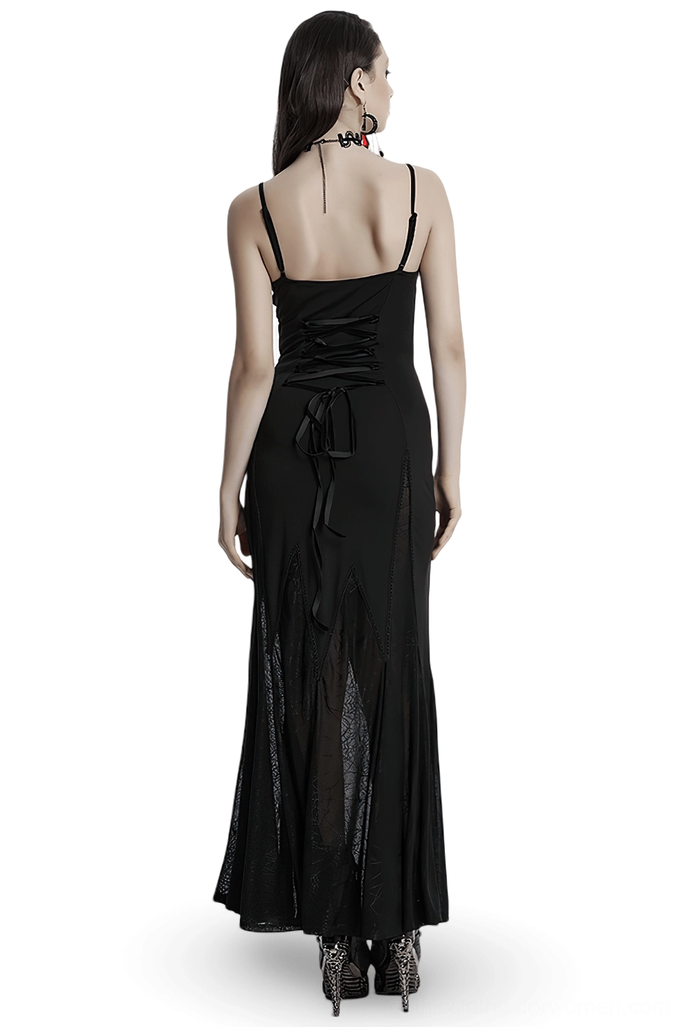 Black gothic maxi dress back view featuring lace-up corset back with satin bow and sheer floor-length spiderweb panels
