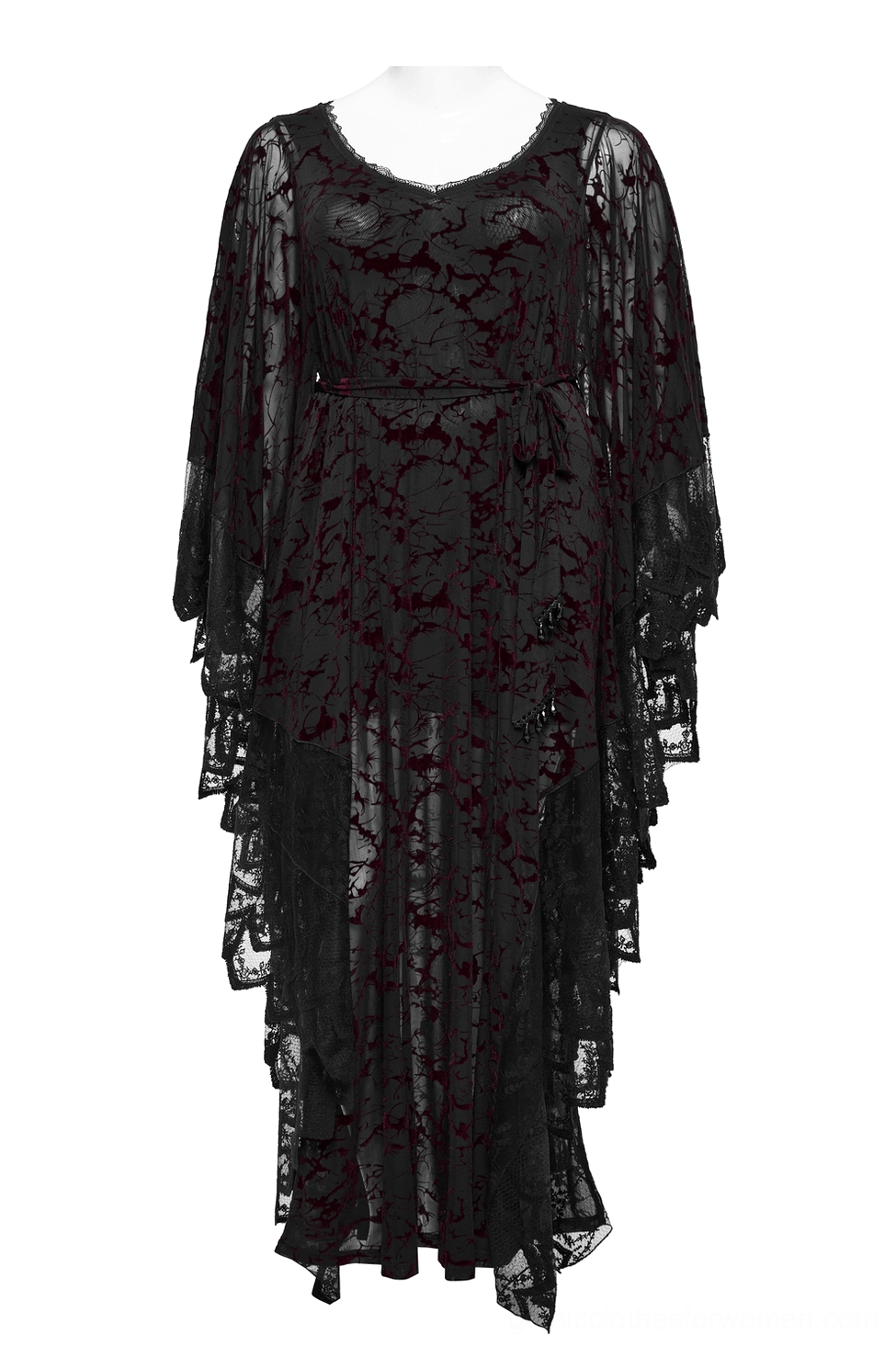 Gothic black maxi dress featuring layered ruffle hem, matching waist sash with water-drop jewelry, and sheer mesh overlay