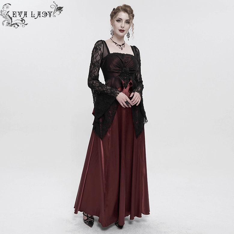 Wine red gothic dress on mannequin front detail, square neck and beaded appliqué design
