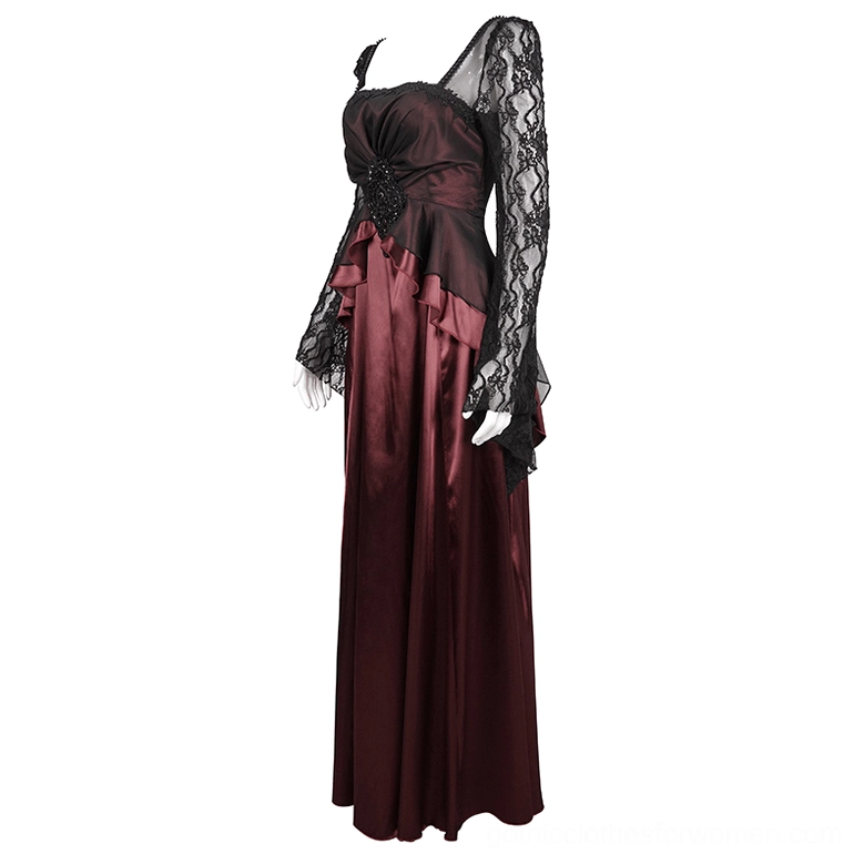 Gothic dress on mannequin side view, showing ruffled side panel, black lace sleeves, and satin maxi skirt