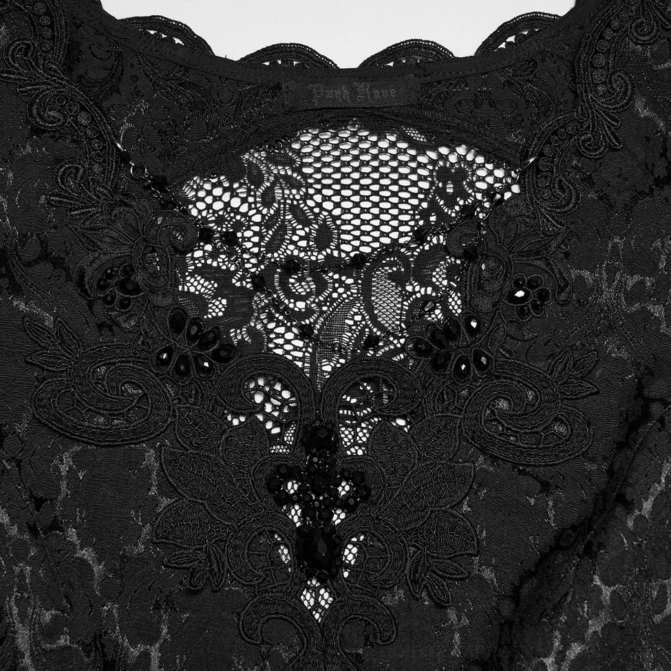 Close-up detail of black gothic dress sheer mesh lace back panel, featuring beaded embroidery, scalloped trim edges, and transparent lace design