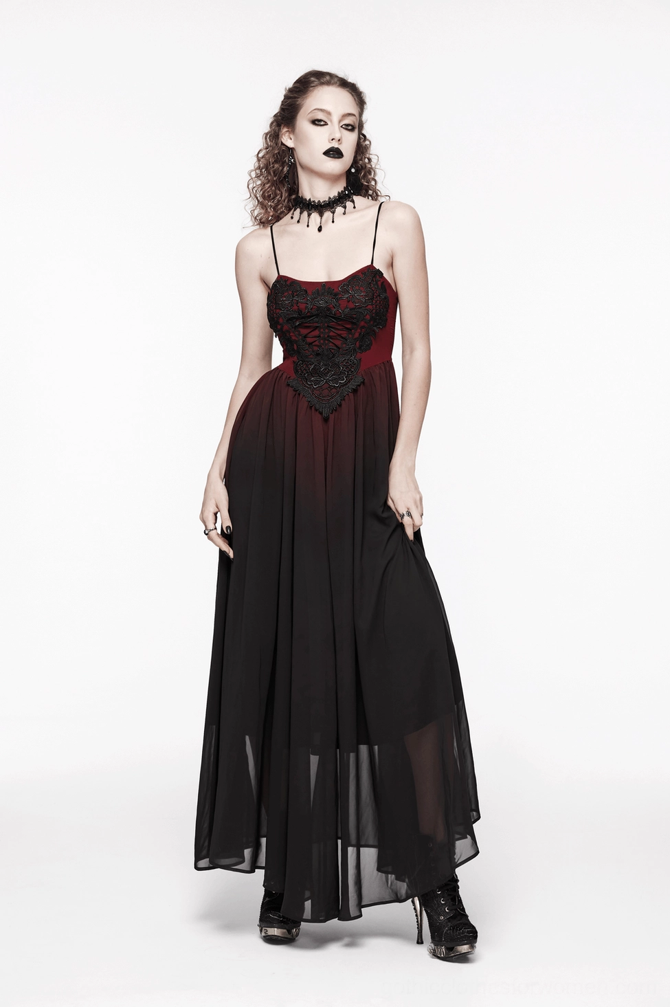 Full body gothic maxi dress with burgundy ombre to black chiffon layers on model