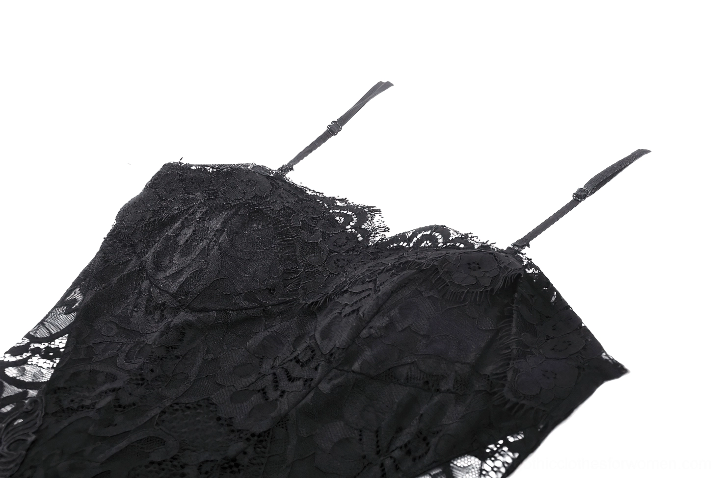 Close-up detail of black lace gothic maxi dress sweetheart neckline with scalloped lace edge