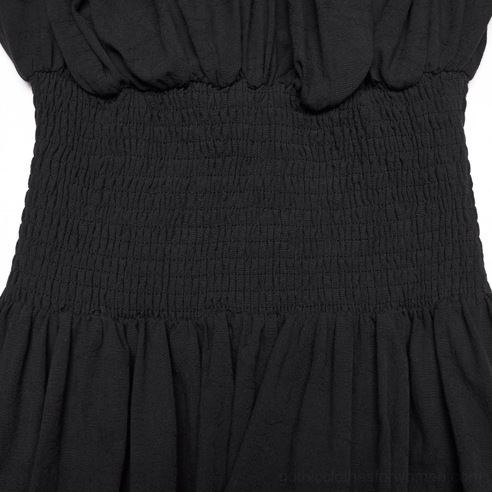 Alternative angle of black gothic off-shoulder maxi dress showing dress construction and silhouette