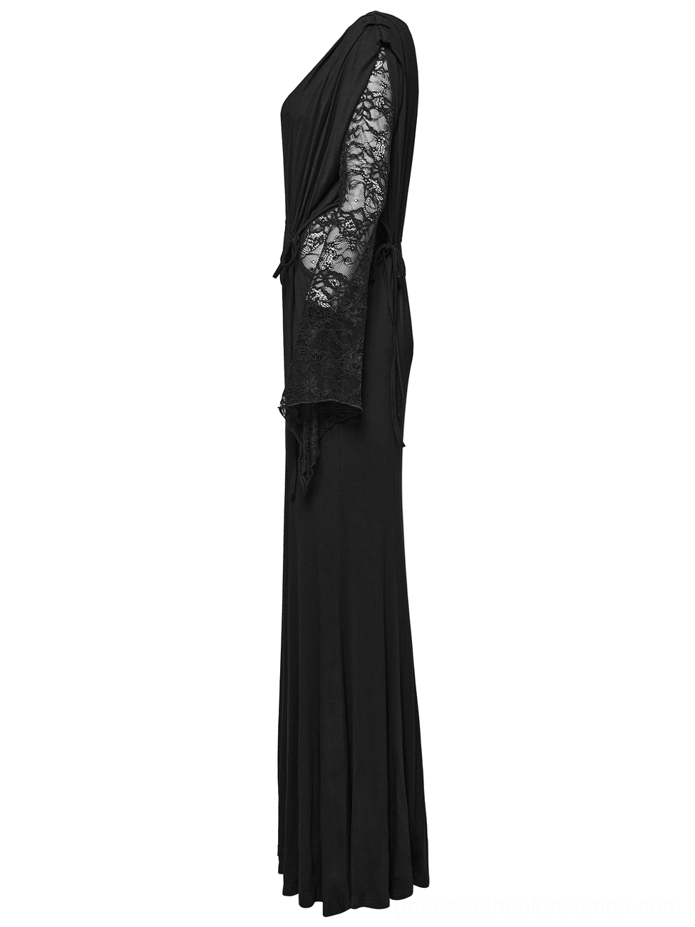 Side view of black gothic lace maxi dress showing slim fit silhouette and lace sleeve design