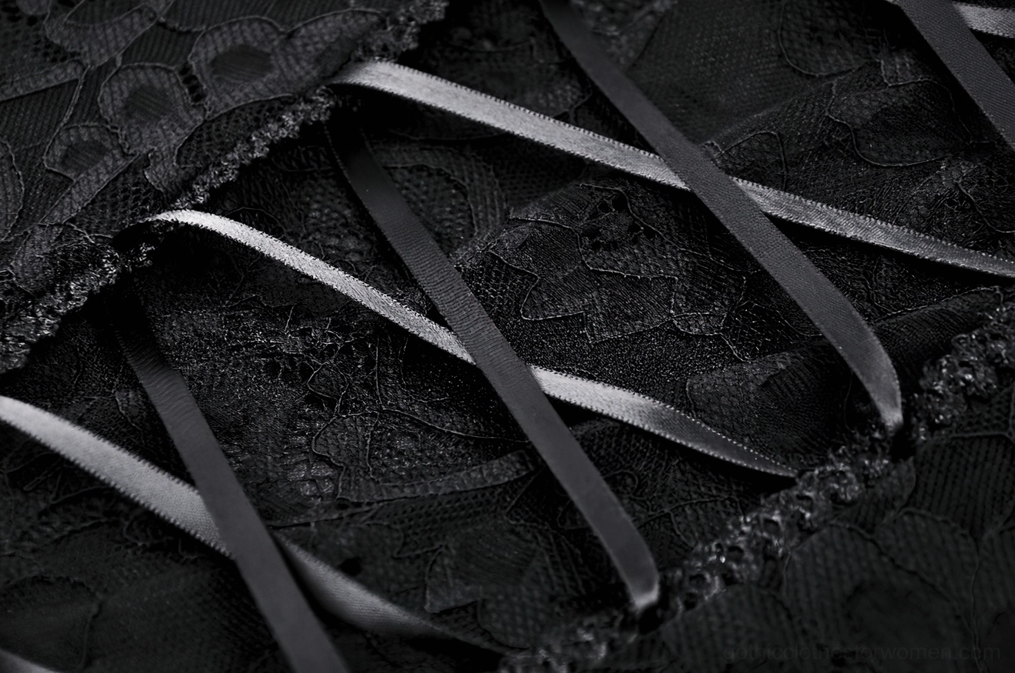 Black lace gothic maxi dress side slit detail showing high-thigh cutout and layered lace