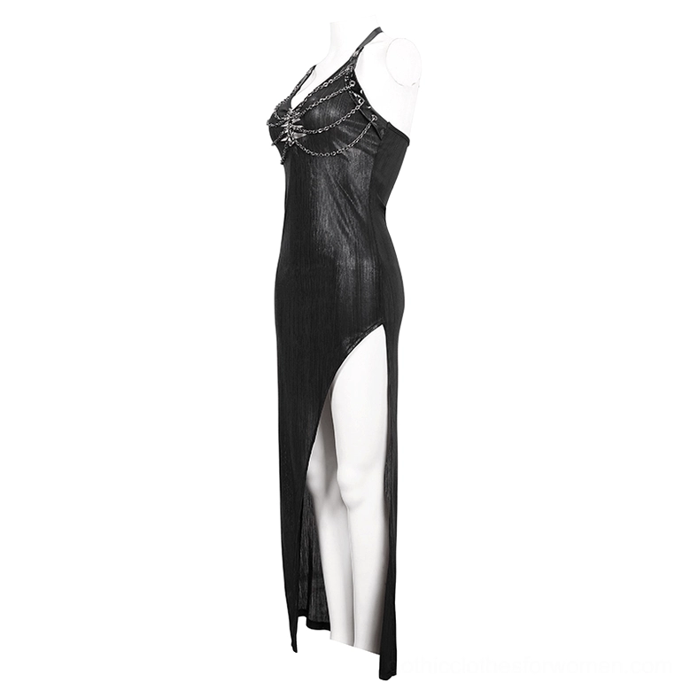 Black gothic side-slit maxi dress with halter neck and chain chest decoration on mannequin, left side profile view showing slim fit silhouette