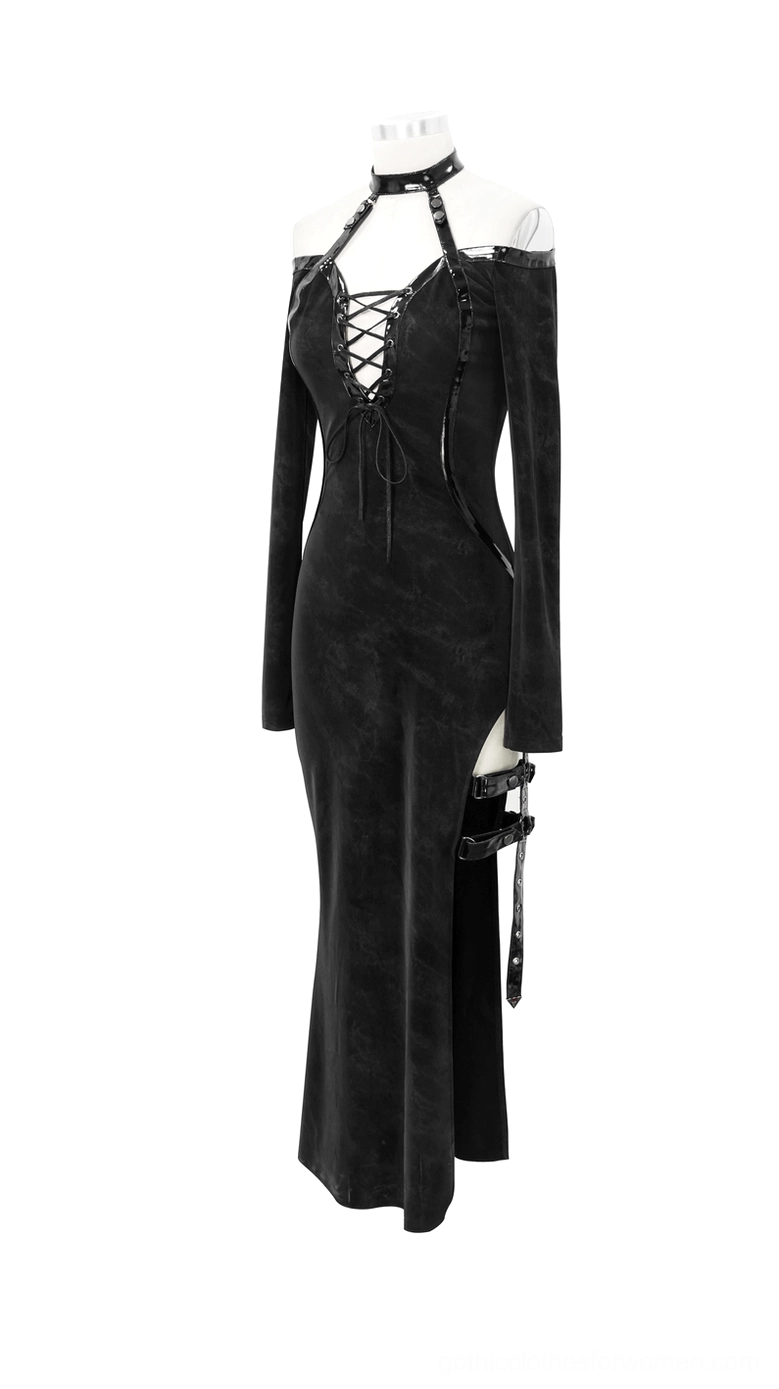 Gothic maxi dress side view showing high thigh slit, fitted silhouette, and cross leather strap embellishments