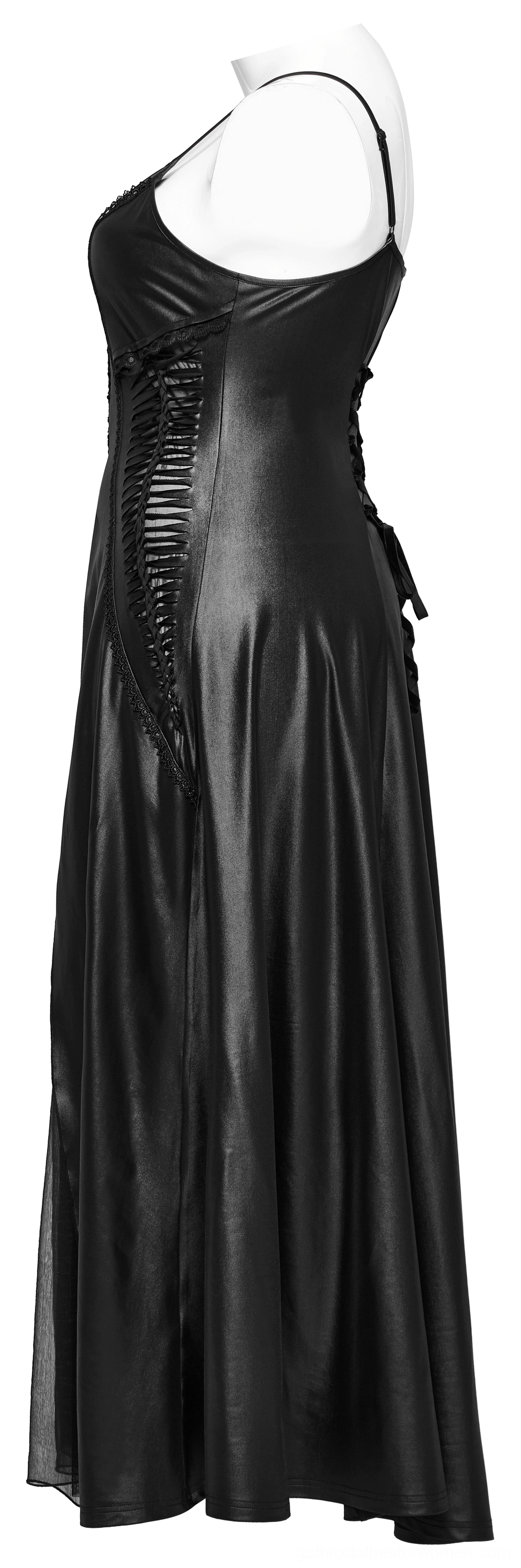 Black gothic maxi dress side profile view showing lace-up detail and floor-length flowing skirt on dress form