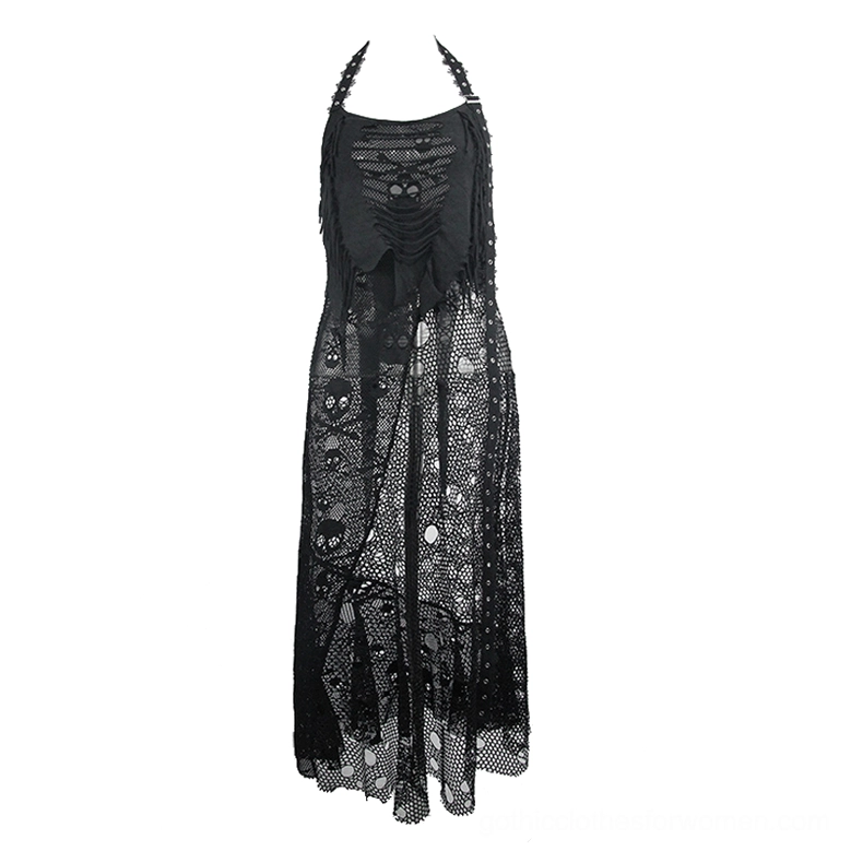 Black gothic halter maxi dress with distressed skull fishnet skirt and frayed halter neck, full length display