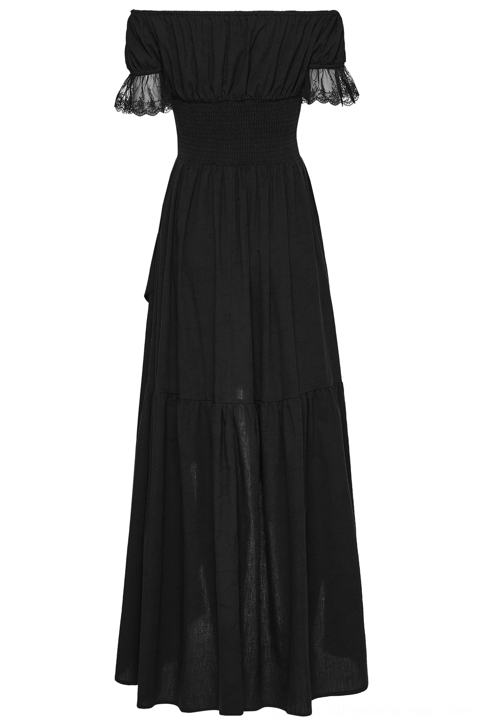 Flat lay of black gothic maxi dress showing smocked waist and full tiered skirt construction