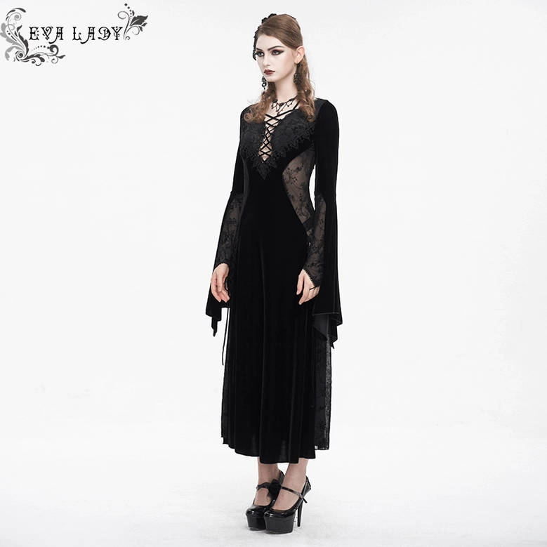 Gothic maxi dress styled view showing overall aesthetic with lace elements and dramatic flared sleeves